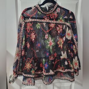 Anna Sui Black Sheer Lace Blouse with Multicolor Floral Embroidery